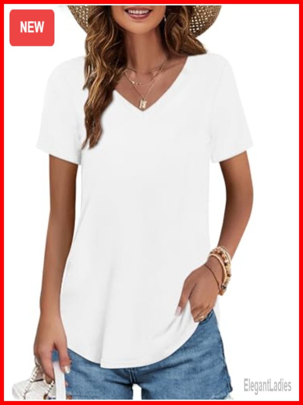 Womens 100% Cotton V-Neck T-Shirt Curved Hem Casual Summer Top